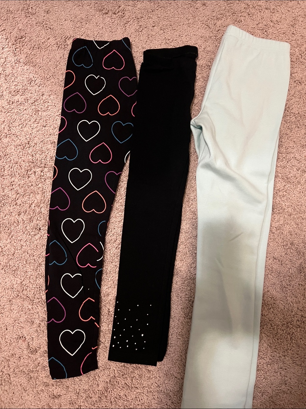 total girl Black Heart-Print, Solid Black, and Light Blue Leggings Trio